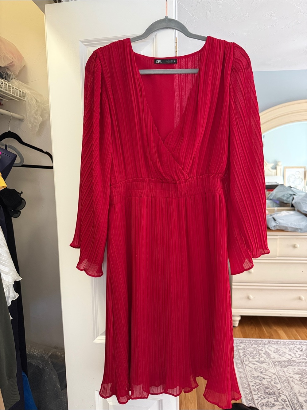 Zara Crimson Pleated V-Neck Midi Dress